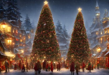 The scene is a quaint village nestled in the woods. The houses are made of log cabin style with frosting sugar on the rooftops. There is a big Christmas tree in the center of town and lights strung ev