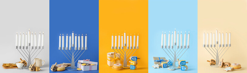 Collage with menorahs, dreidels and treats for Hanukkah celebration on color background