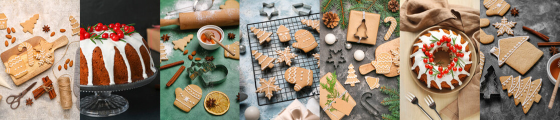 Fototapeta na wymiar Collage of delicious Christmas cookies and cake