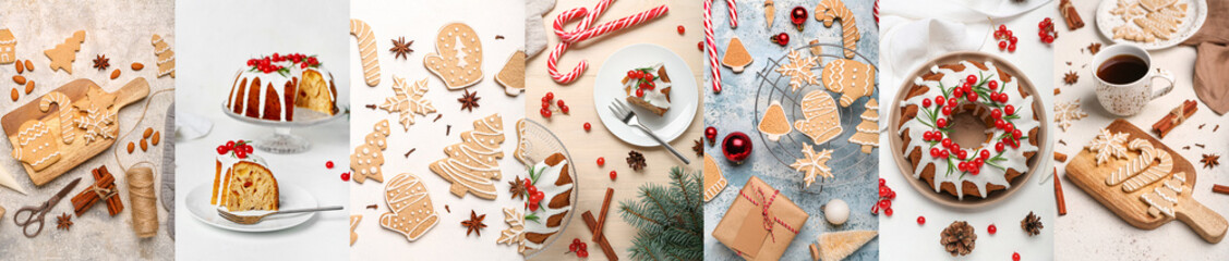 Collage of tasty Christmas cookies and cake on light background