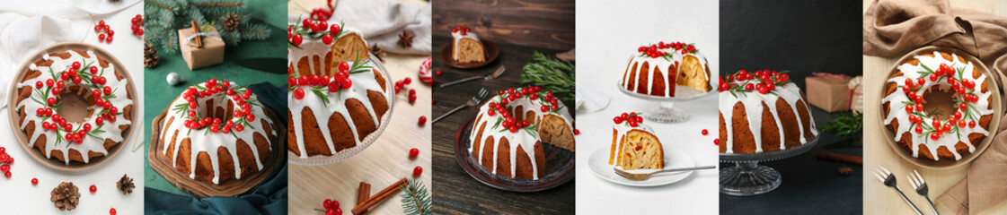 Collage of tasty Christmas cake on table