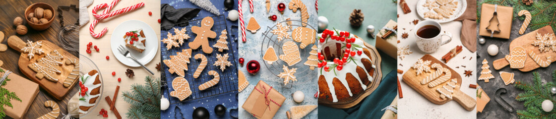 Set of tasty Christmas cookies and cake