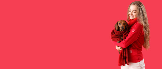 Young woman and dachshund dog on red background with space for text