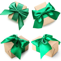 Set of gift boxes with green ribbons isolated on white