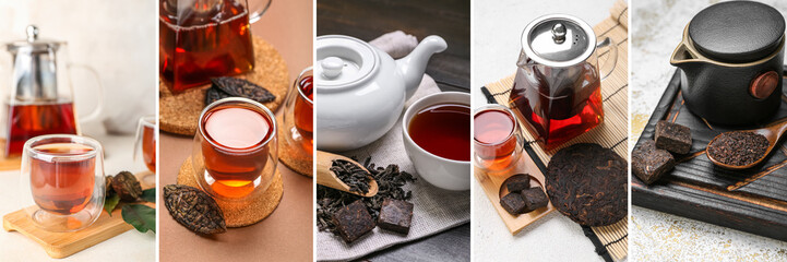 Collage with tasty fresh puer tea