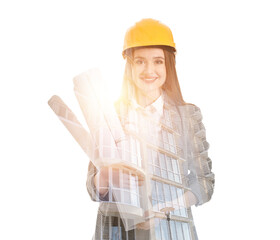 Female engineer with drawings on white background