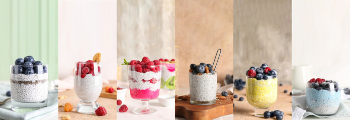 Set of tasty chia puddings with fruits, berries and nuts on table