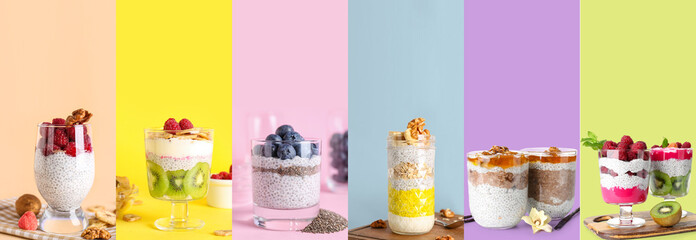 Collection of tasty chia puddings with fruits, berries and nuts on color background