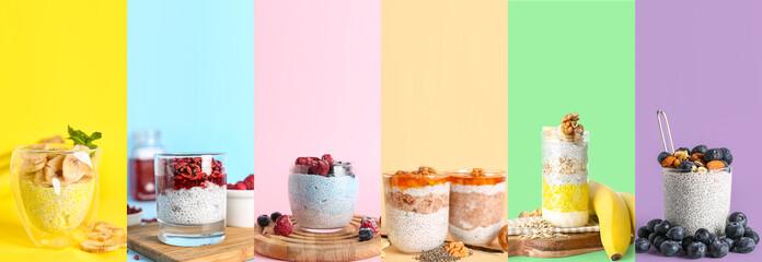 Set of tasty chia puddings with fruits, berries and nuts on color background