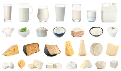 Collage of tasty dairy products on white background