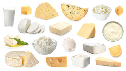 Set of tasty dairy products on white background