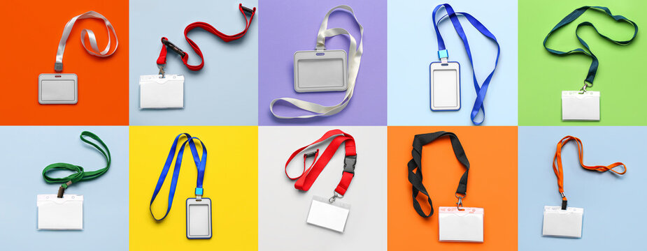 Collage of blank badges on color background