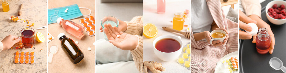 Woman and set of remedies for sore throat