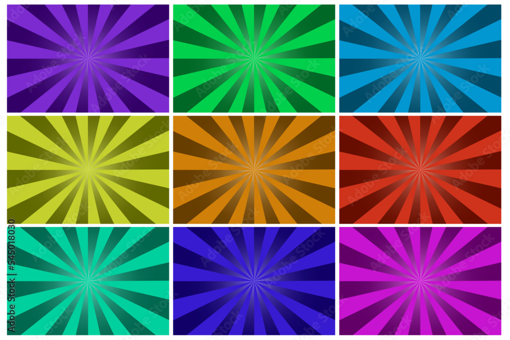 Poster colored rays backgrounds. geometric pattern. explosion effect. light effect set. cartoon style. vect