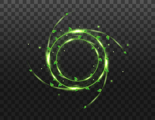 Abstract wind swirls with green leaves and sparkles isolated on transparent background. Vector realistic illustration of air vortex and wave with flying mint leaves. Vector illustration © bahtiarmaulana