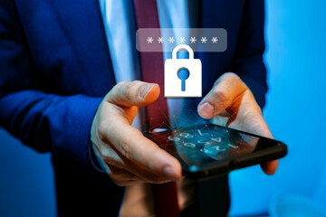 Man typing pass code on his smartphone 