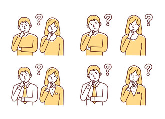Vector illustration set of a young man and woman (couple / family) having a question