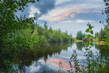 Clear autumn day at the forest lake