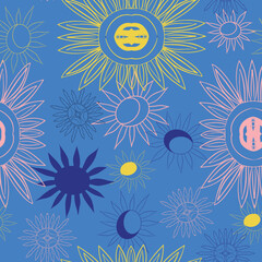 Vector blue abstract sun seamless repeat pattern background. Great for fabric, wallpaper and scrapbooking.