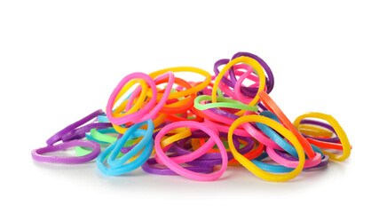 Heap of office colorful rubber bands on white background