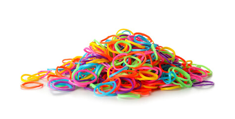 Heap of office colorful rubber bands on white background