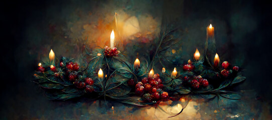 Digital Illustration Banner of Colorful Christmas Holly Berries and Candlelight Garland for Wallpapers, Backgrounds. AI Artificial Intelligence Concept. Generative Art