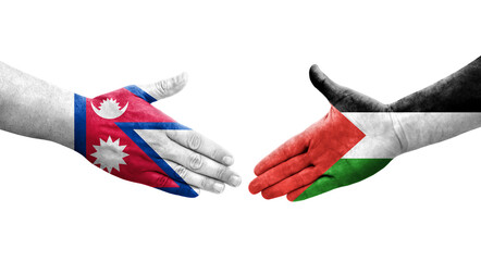 Handshake between Palestine and Nepal flags painted on hands, isolated transparent image.
