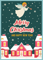 Fototapeta na wymiar Christmas card template with angel and winter town. Vector holidays illustration