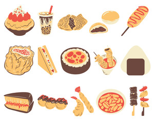 Tasty asian street food illustration set