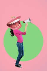 Young person with big mouth on head with a loudspeaker