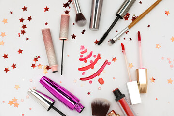 Drawn Christmas tree with makeup products on white background
