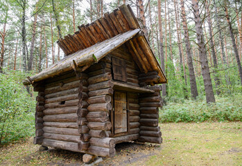 Wooden storeroom hut for hunting prey in a Siberian village