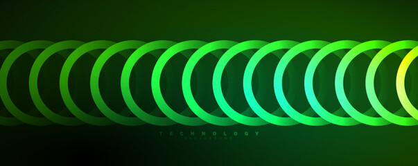 Neon glowing circles and round shape lines, magic energy space light concept, abstract background wallpaper design