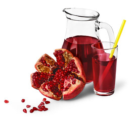 Glass and Jug of pomegranate juice isolated on white background