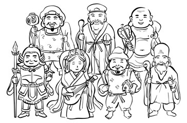 七福神のイラスト　集合　1色