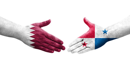 Handshake between Panama and Qatar flags painted on hands, isolated transparent image.