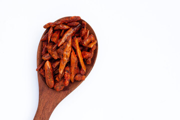 Fried Chili, Spicy snack on white background.