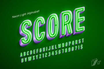 Neon light 3d alphabet, retro-futuristic original type.