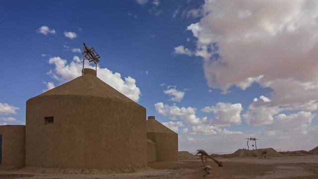 Water Well Buildings Khettara On Sahara Desert In Morocco. wide, timelapse