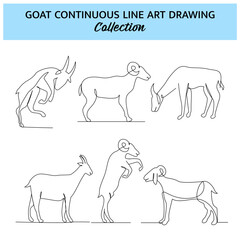 Set of goat line design. Simple animal silhouette decorative elements drawn with one continuous line. Vector illustration of minimalist style on white background.