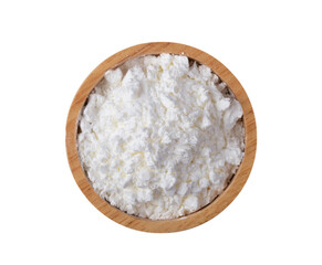 Pile of flour in wood bowl isolated on transparent png