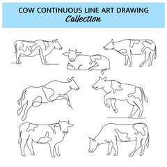 Set of cow line design. Simple animal silhouette decorative elements drawn with one continuous line. Vector illustration of minimalist style on white background.