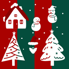 Set of christmas element's silhouette, christmas trees snowman and santa claus.
