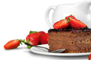 Delicious Chocolate Cake with Strawberries Isolated