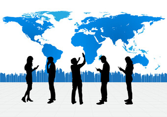 Silhouette image, business people hold smartphone with map world  concept hi tech technology connection online vector illustration