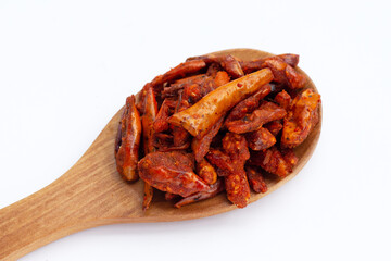 Fried Chili, Spicy snack on white background.