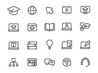 Set of e-learning icons with simple line design isolated on white background
