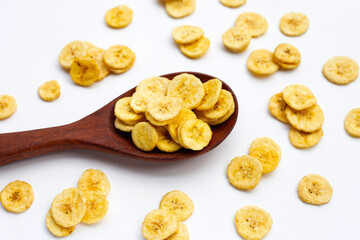 Banana slice chips on white background.