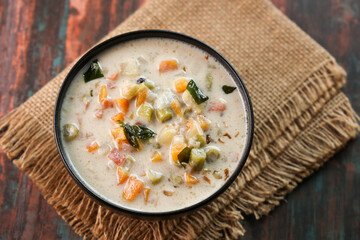 Mutton stew , veg stew soup side dish for Appam , bread, Kerala breakfast food. Indian food....