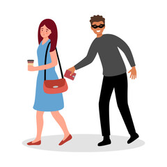Thief stealing wallet from woman bag in flat design on white background. Pickpocket concept vector illustration.